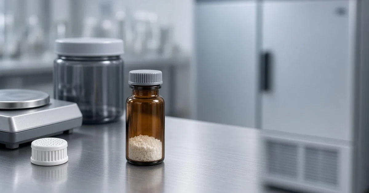 Sealed research compound vial and laboratory equipment for chemical storage
