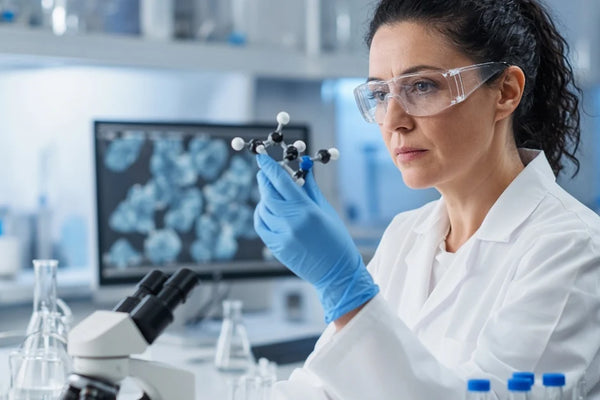 Scientist examining molecular research in a modern laboratory.