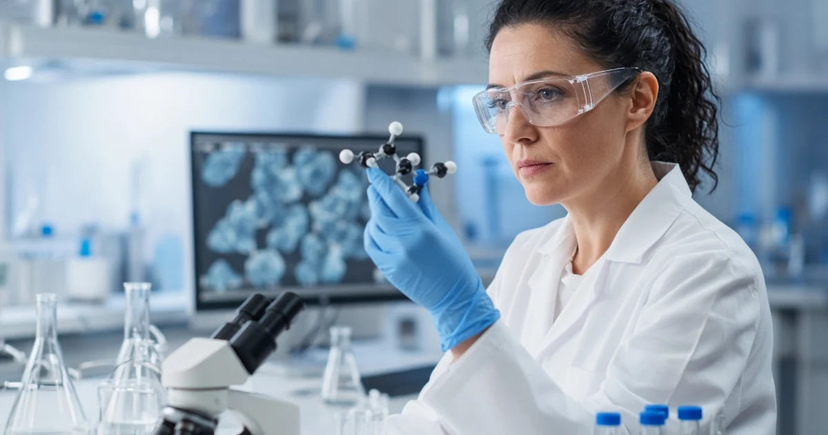 Scientist examining molecular research in a modern laboratory.