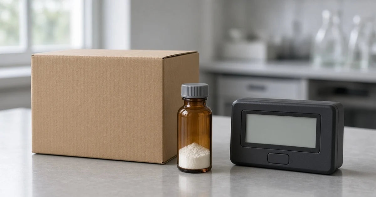Sealed research vial and shipping package on a laboratory bench