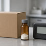 Sealed research vial and shipping package on a laboratory bench