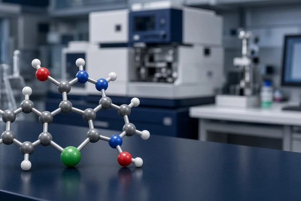 Enclomiphene molecular model in a modern chemistry laboratory