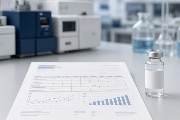 Laboratory quality control documents beside analytical chemistry equipment