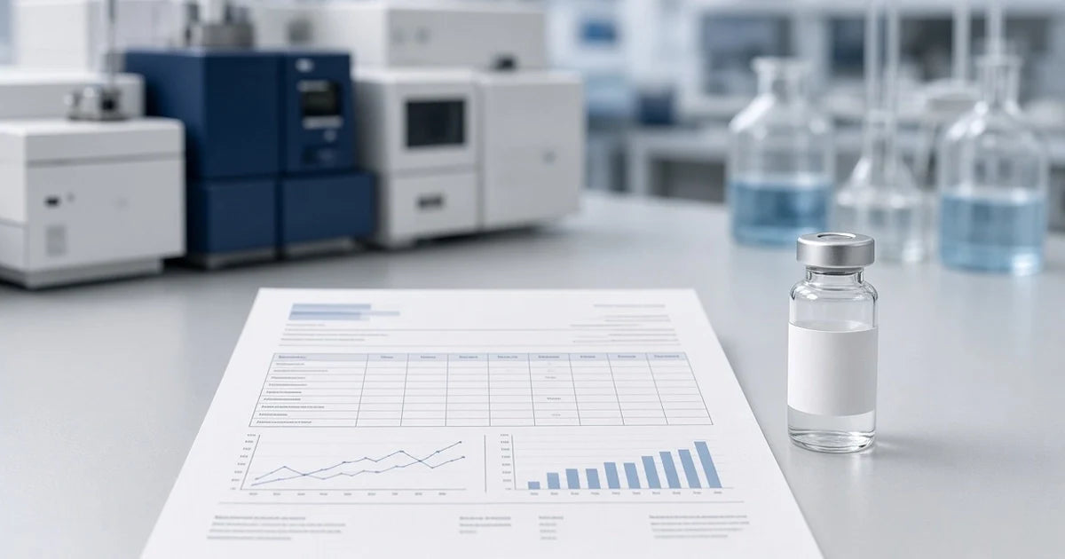 Laboratory quality control documents beside analytical chemistry equipment