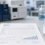 Laboratory quality control documents beside analytical chemistry equipment