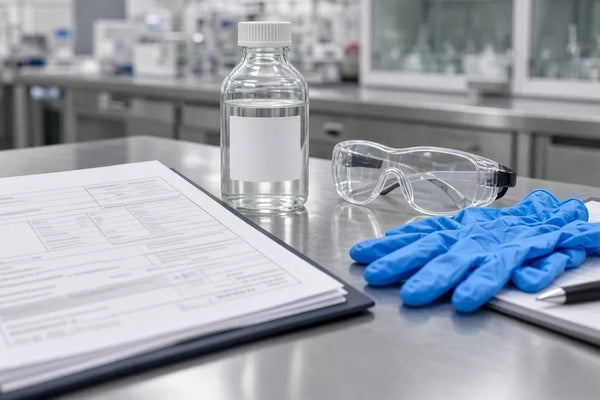 Phenibut HCL safety data sheet on a laboratory workstation