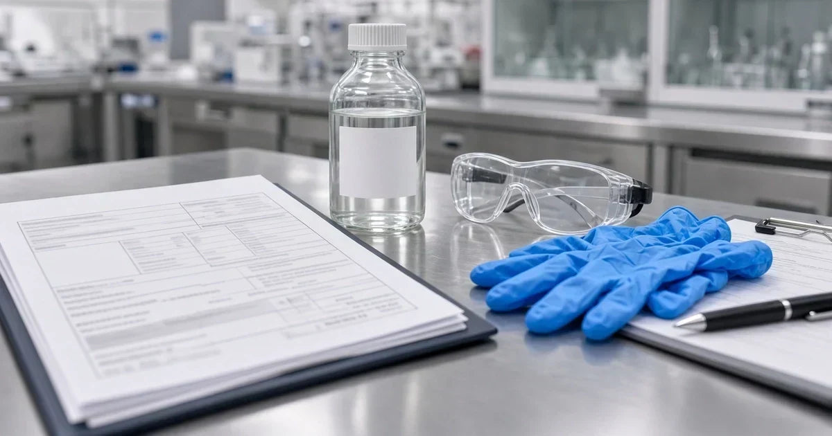 Phenibut HCL safety data sheet on a laboratory workstation