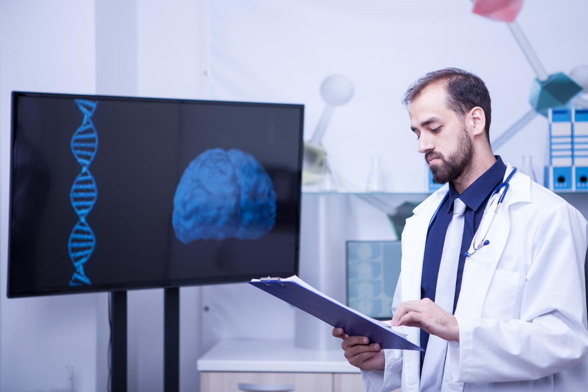 Doctor examining brain scan on monitor