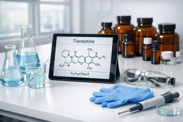 Laboratory bench with tianeptine molecular structure, beakers, storage bottles, and safety equipment.