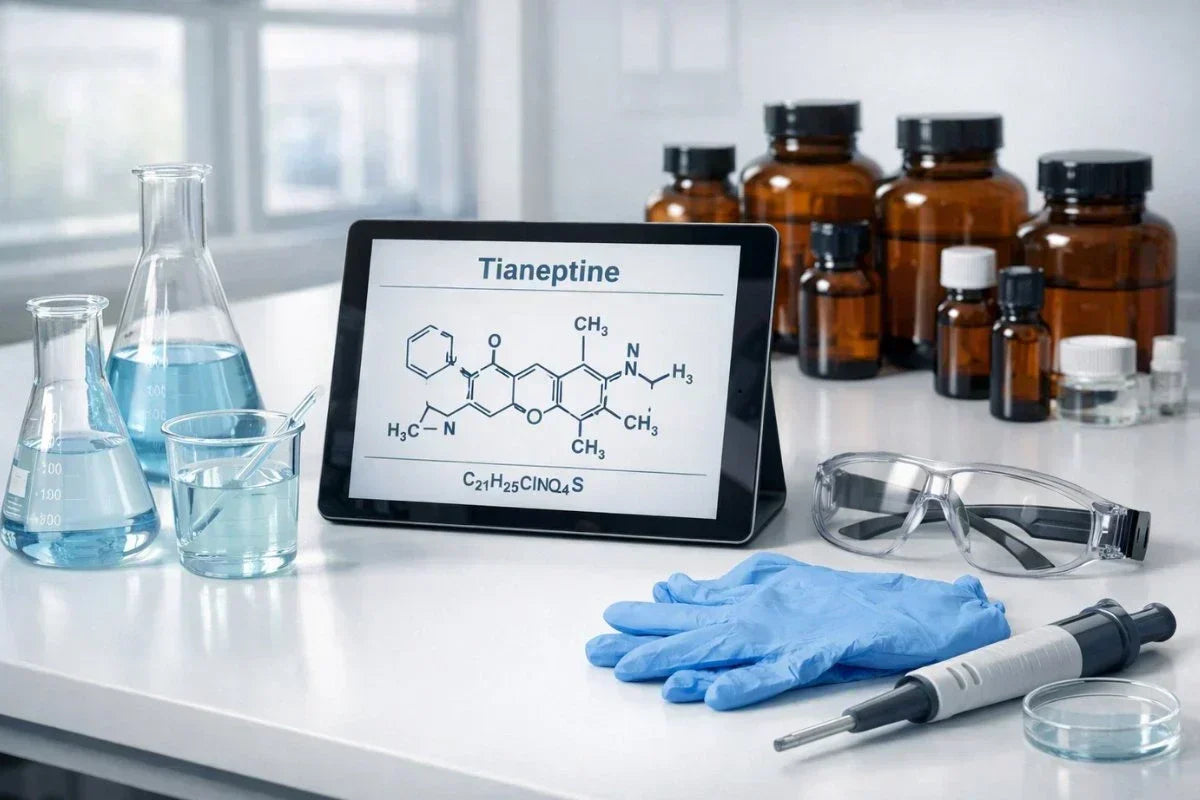 Laboratory bench with tianeptine molecular structure, beakers, storage bottles, and safety equipment.