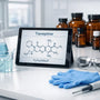 Laboratory bench with tianeptine molecular structure, beakers, storage bottles, and safety equipment.
