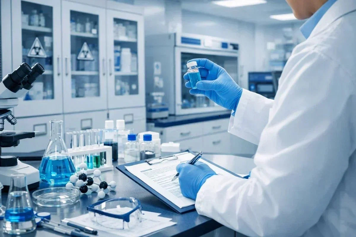 Laboratory workspace with scientific equipment and secure storage cabinets.