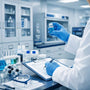Laboratory workspace with scientific equipment and secure storage cabinets.