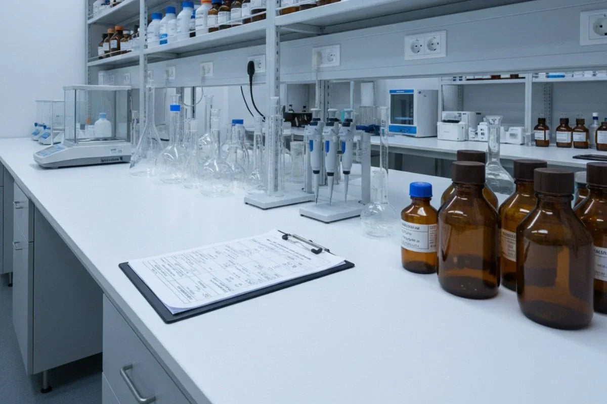 Laboratory workstation with tianeptine research equipment and documentation.