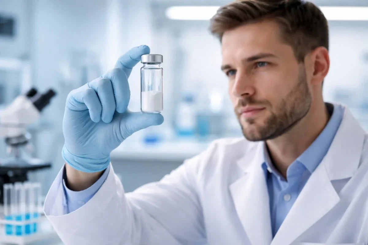 Scientist examining research-grade Tianeptine in laboratory.