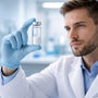 Scientist examining research-grade Tianeptine in laboratory.