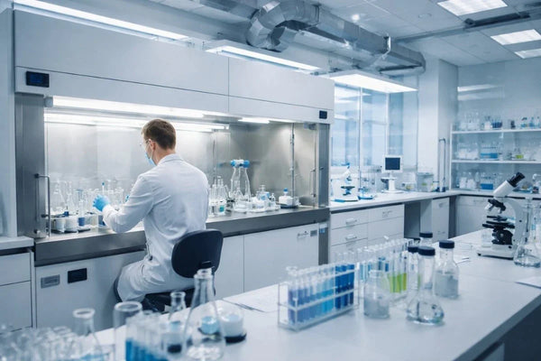 Scientist handling Tianeptine inside a laboratory fume hood.