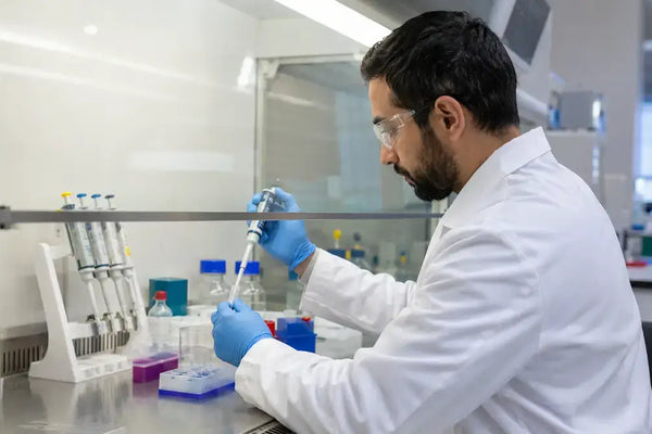 Researcher in gloves, goggles, and lab coat following Agomelatine PPE requirements