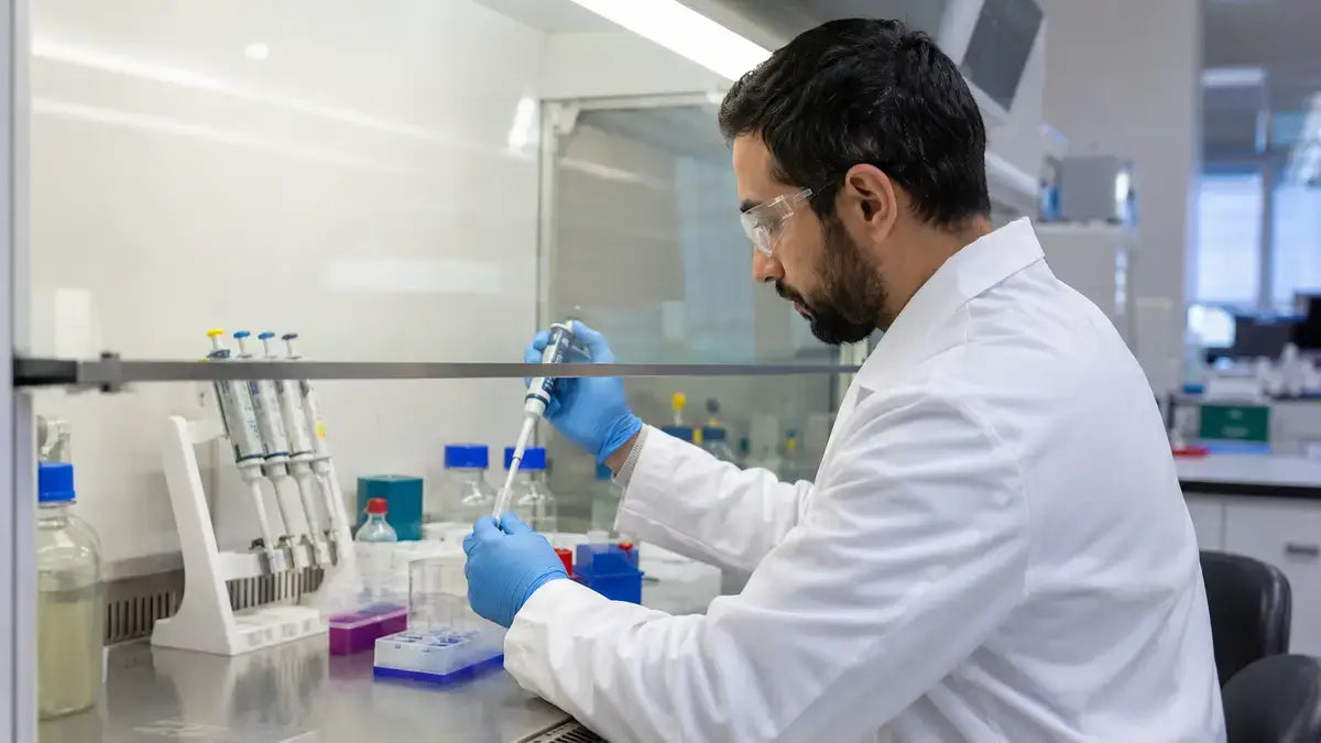 Researcher in gloves, goggles, and lab coat following Agomelatine PPE requirements