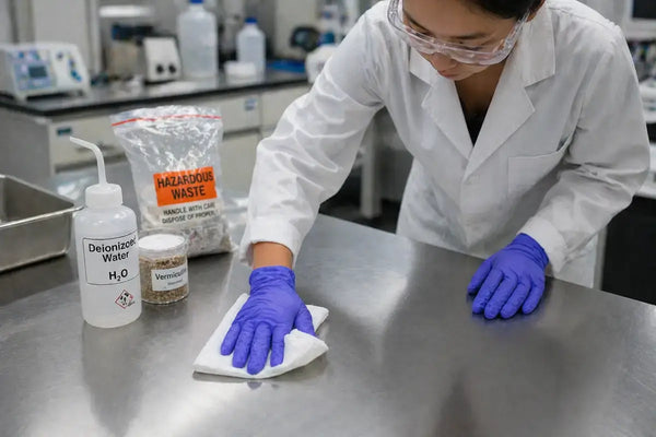 Researcher decontaminating Phenibut residue from a stainless steel lab bench