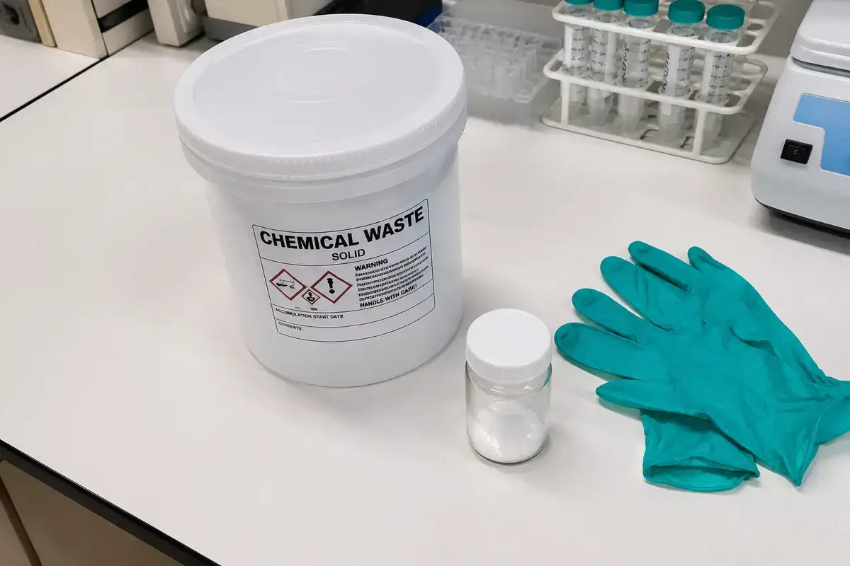 Labeled chemical waste container for Phenibut disposal in a research laboratory