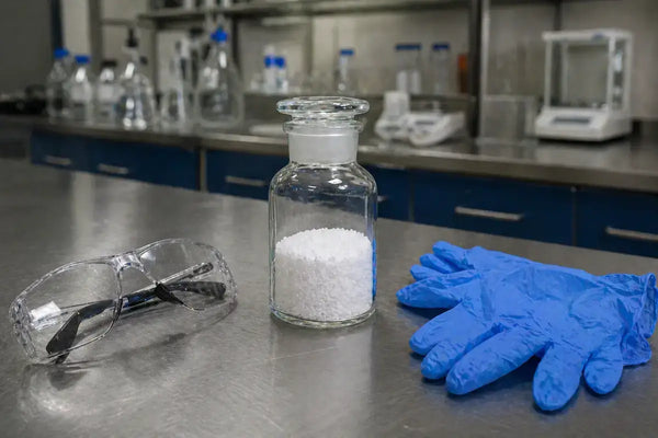 Phenibut powder in sealed lab container with safety equipment