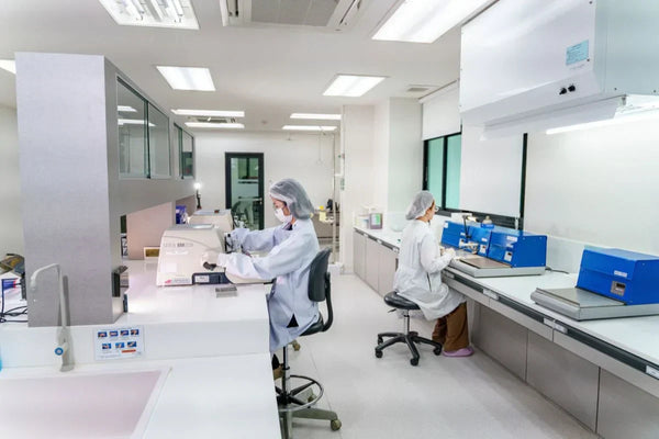 Analytical balance weighing research compound in laboratory