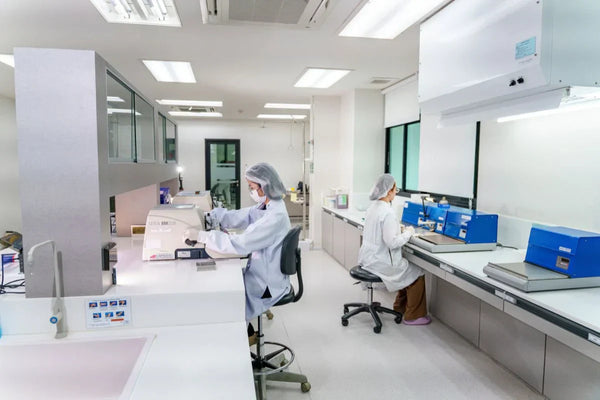 Analytical balance weighing research compound in laboratory