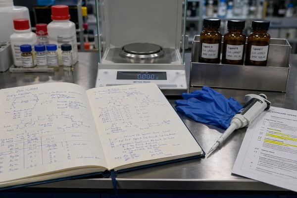 Research lab notebook beside labeled compound vials