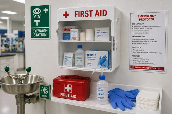 Laboratory first aid station beside emergency eyewash equipment