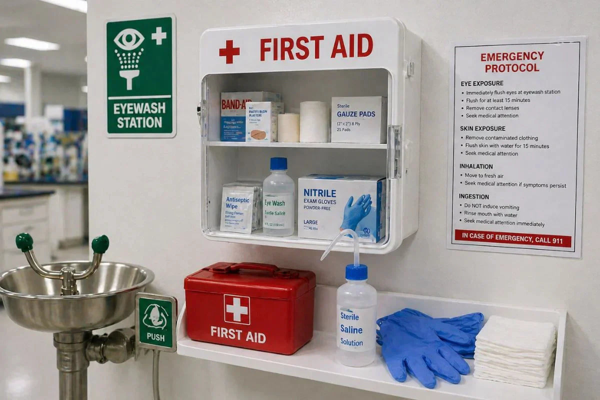 Laboratory first aid station beside emergency eyewash equipment