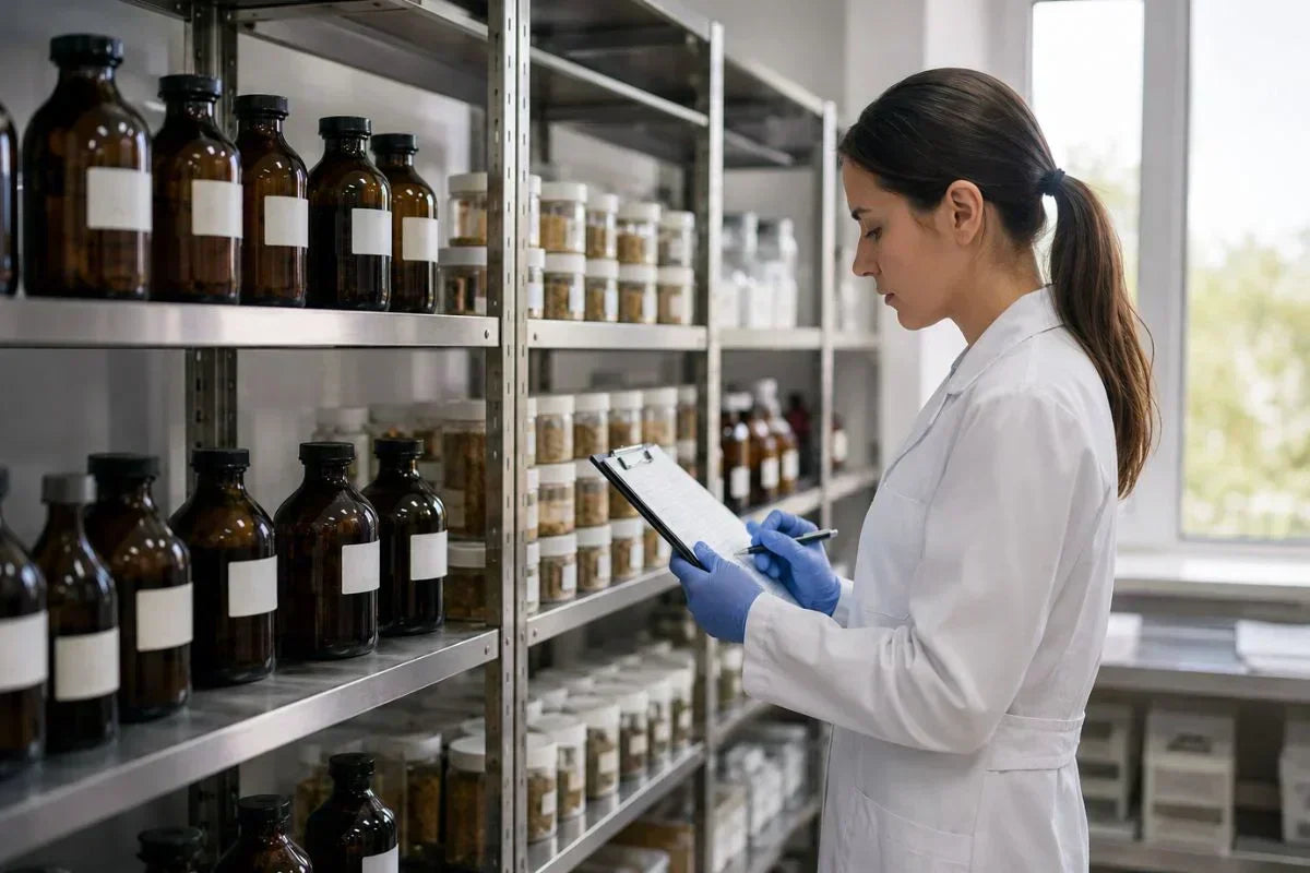 Phenibut research stock inventory in laboratory shelving