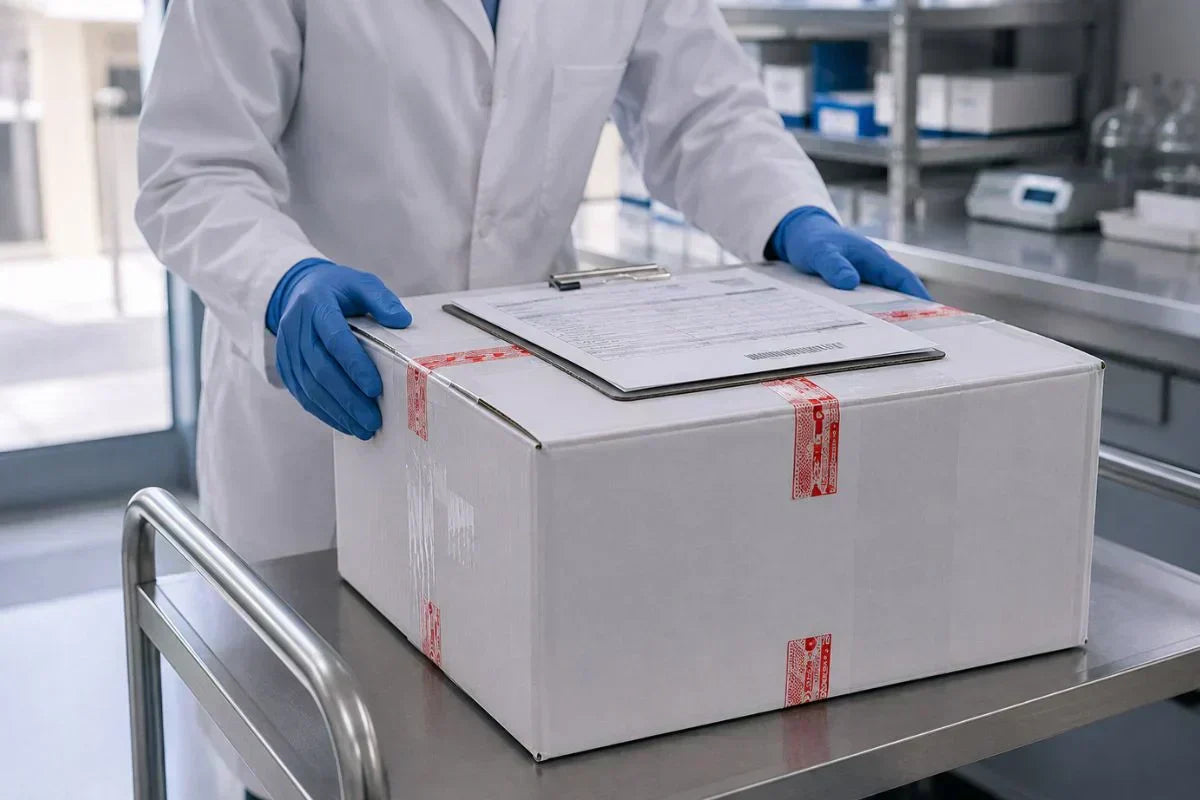 Sealed phenibut research shipment ready for transport