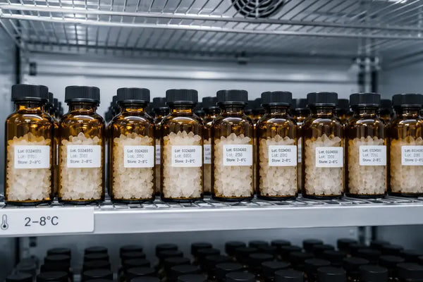 Amber vials of phenibut in controlled lab storage for stability and degradation research
