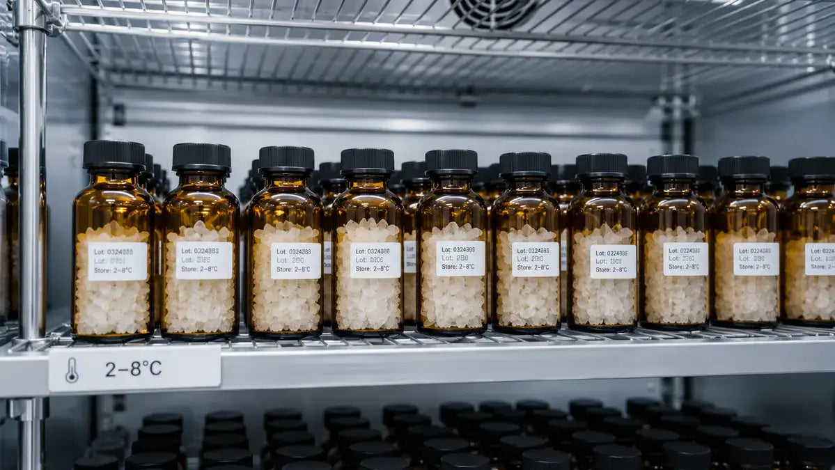 Amber vials of phenibut in controlled lab storage for stability and degradation research