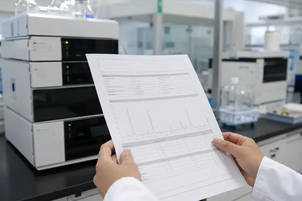 Researcher reviewing pramiracetam certificate of analysis in laboratory 