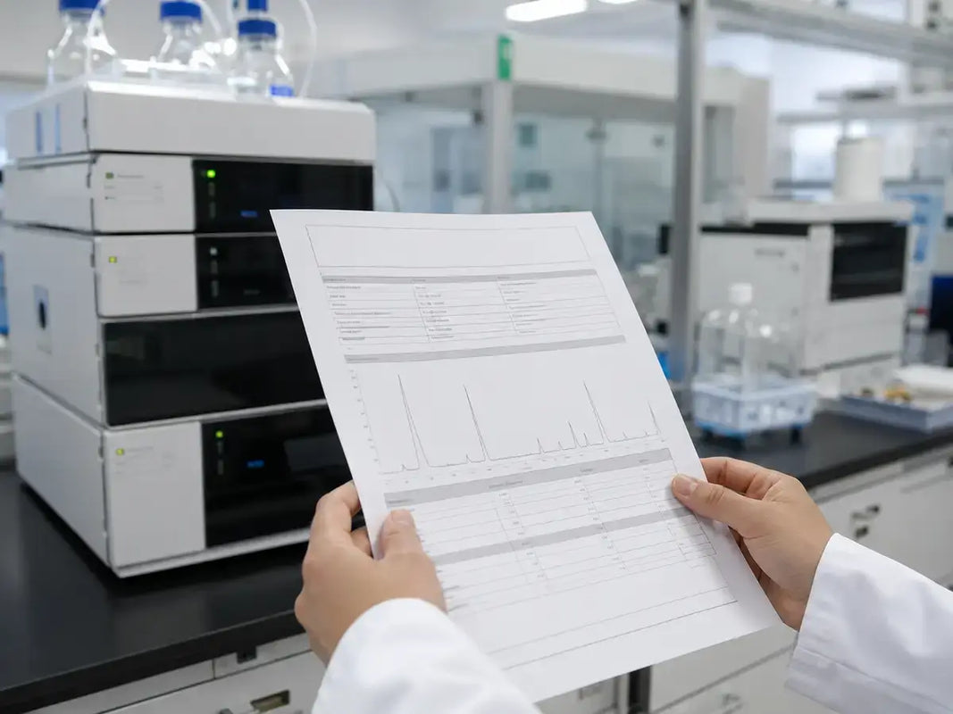Researcher reviewing pramiracetam certificate of analysis in laboratory 