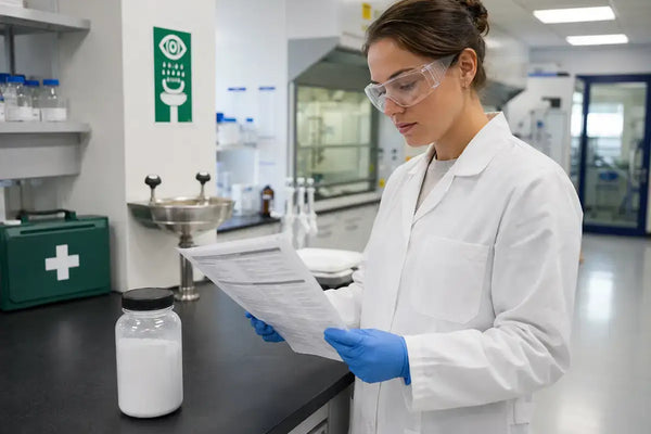 Researcher reviewing Pramiracetam safety data sheet at laboratory bench with first-aid equipment 