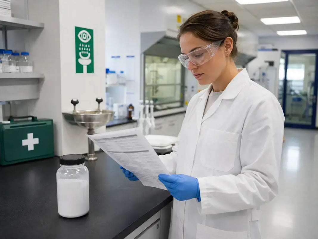 Researcher reviewing Pramiracetam safety data sheet at laboratory bench with first-aid equipment 
