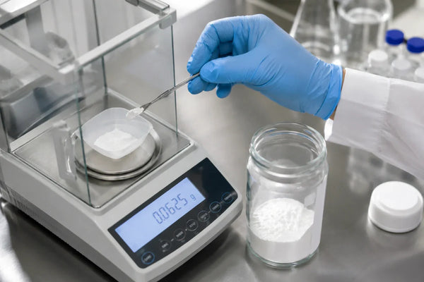 White powder transfer on analytical balance in lab