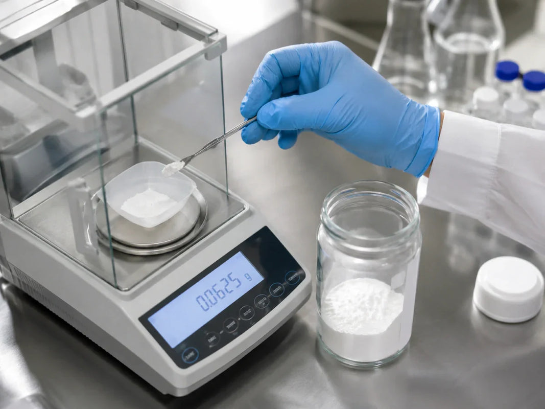White powder transfer on analytical balance in lab