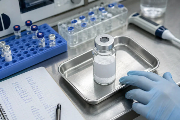 Research compound vial on stainless steel laboratory tray