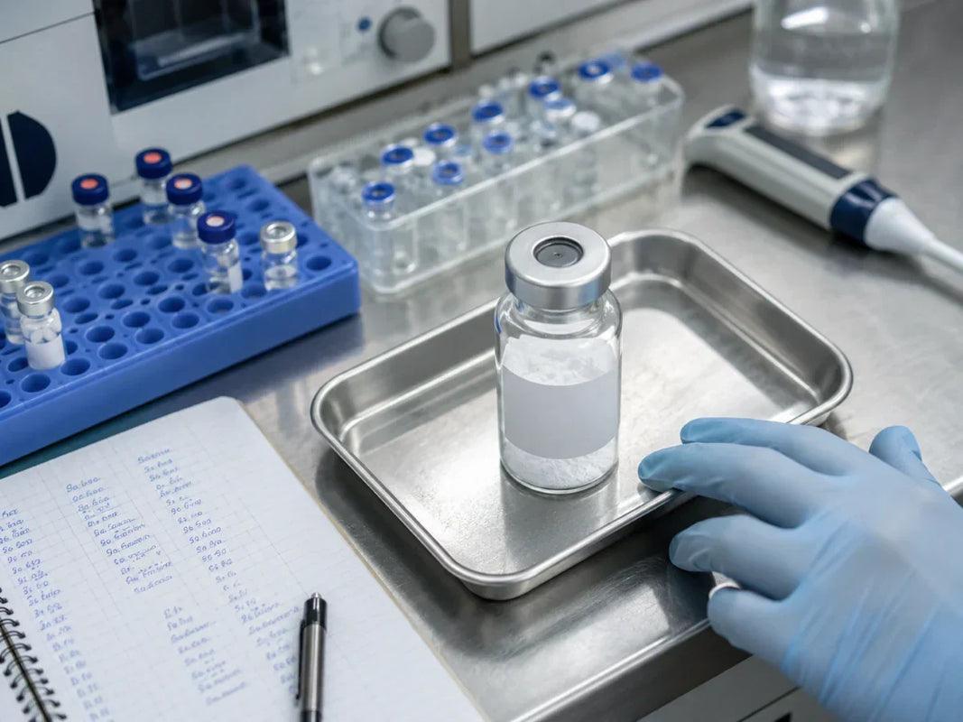 Research compound vial on stainless steel laboratory tray