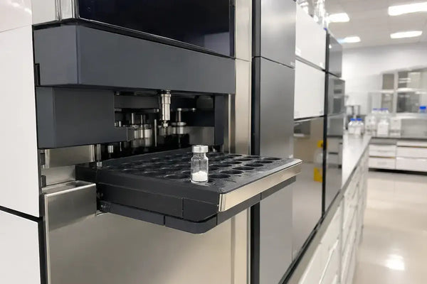 HPLC instrument analyzing pramiracetam powder sample in laboratory