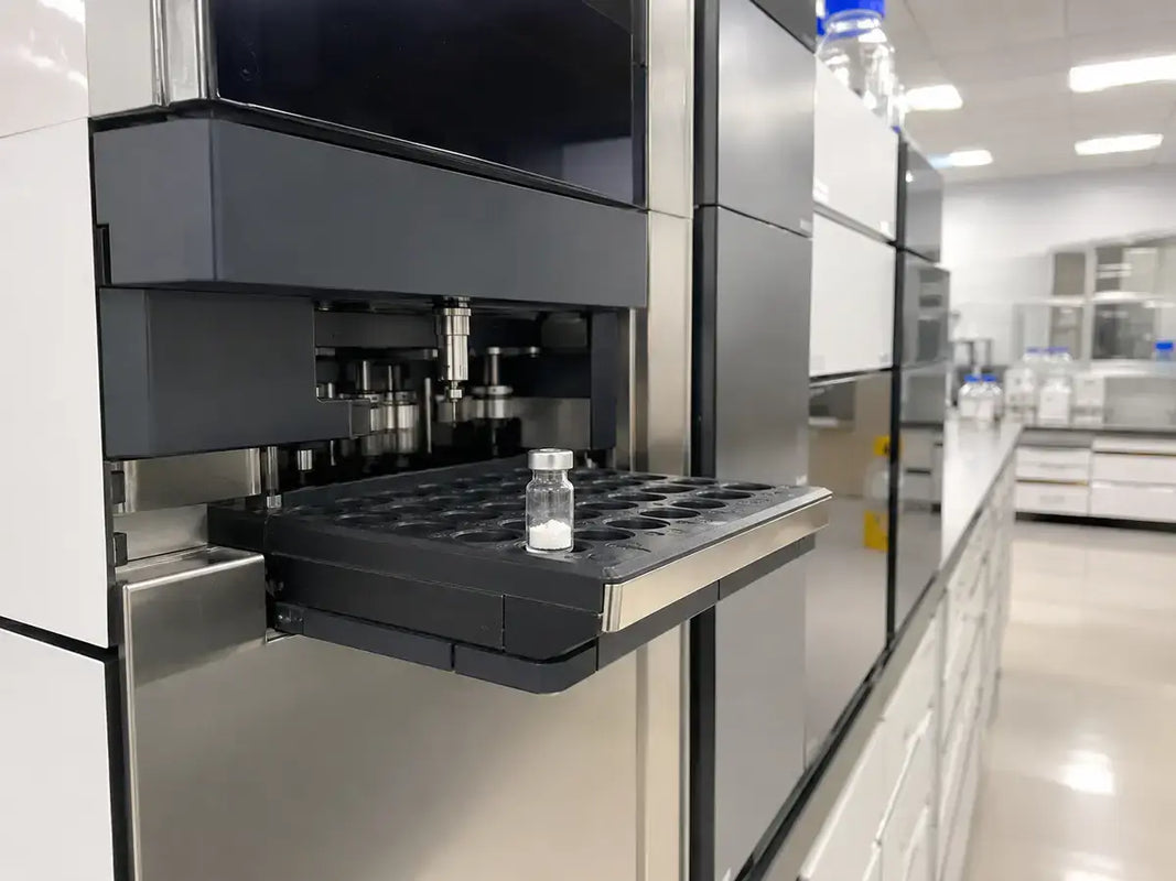 HPLC instrument analyzing pramiracetam powder sample in laboratory