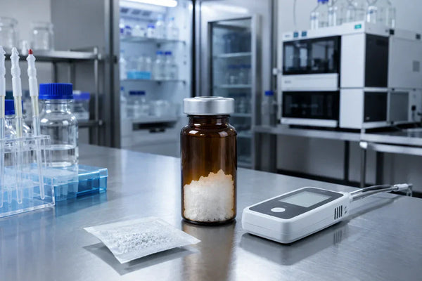 Sealed amber vial with white powder in laboratory