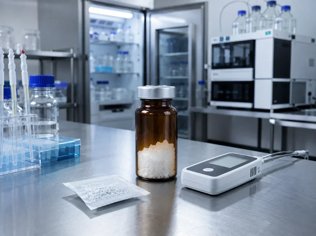 Sealed amber vial with white powder in laboratory