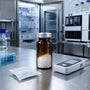 Sealed amber vial with white powder in laboratory