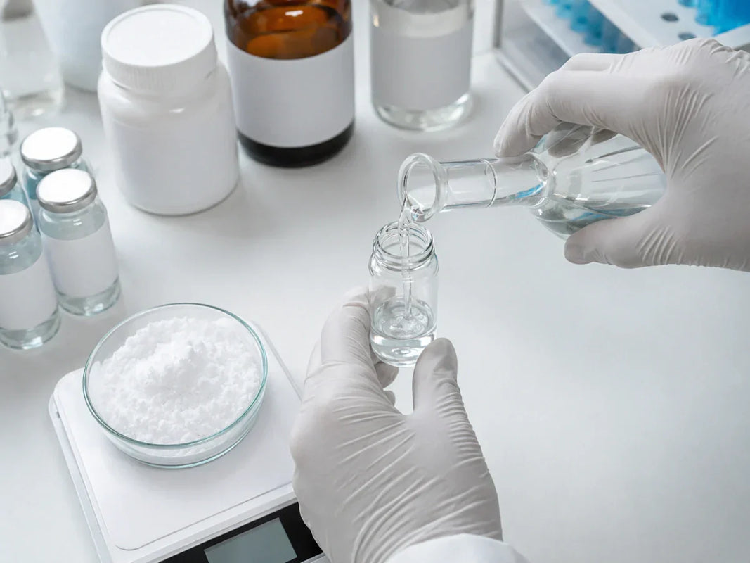 Researcher preparing pramiracetam solution at laboratory workstation