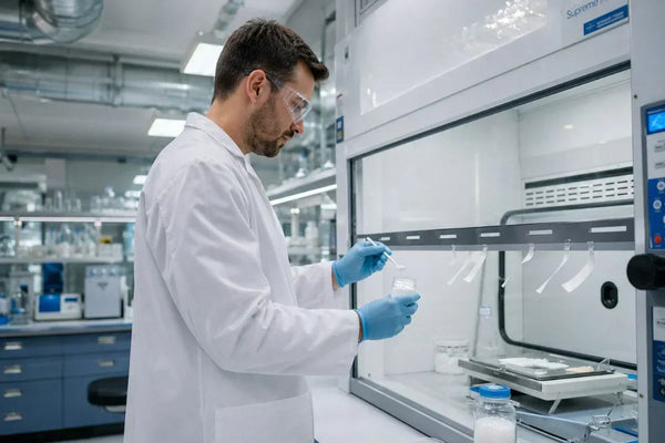 Researcher handling crystalline compound inside laboratory fume hood